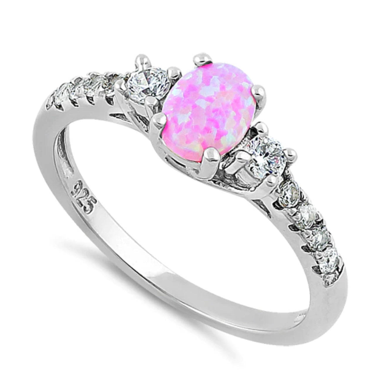 Pink Lab Opal CZ Diamond 925 Sterling Silver Ring