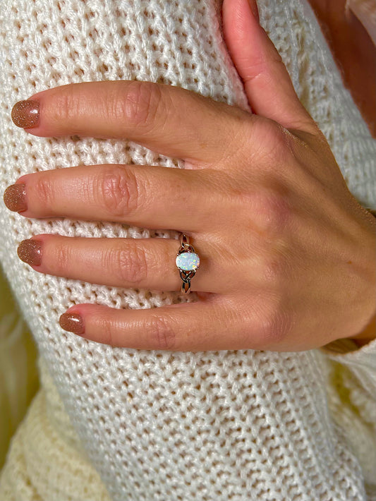 White Lab Opal Celtic Sterling Silver Ring