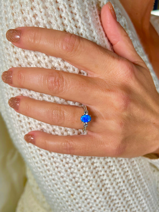 Blue Lab Opal CZ Diamond 925 Sterling Silver Ring